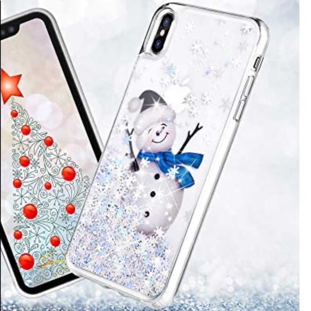 iPhone Xs/iPhone X, Merry Christmas Snowman Pattern Glitter Liquid Bling Case